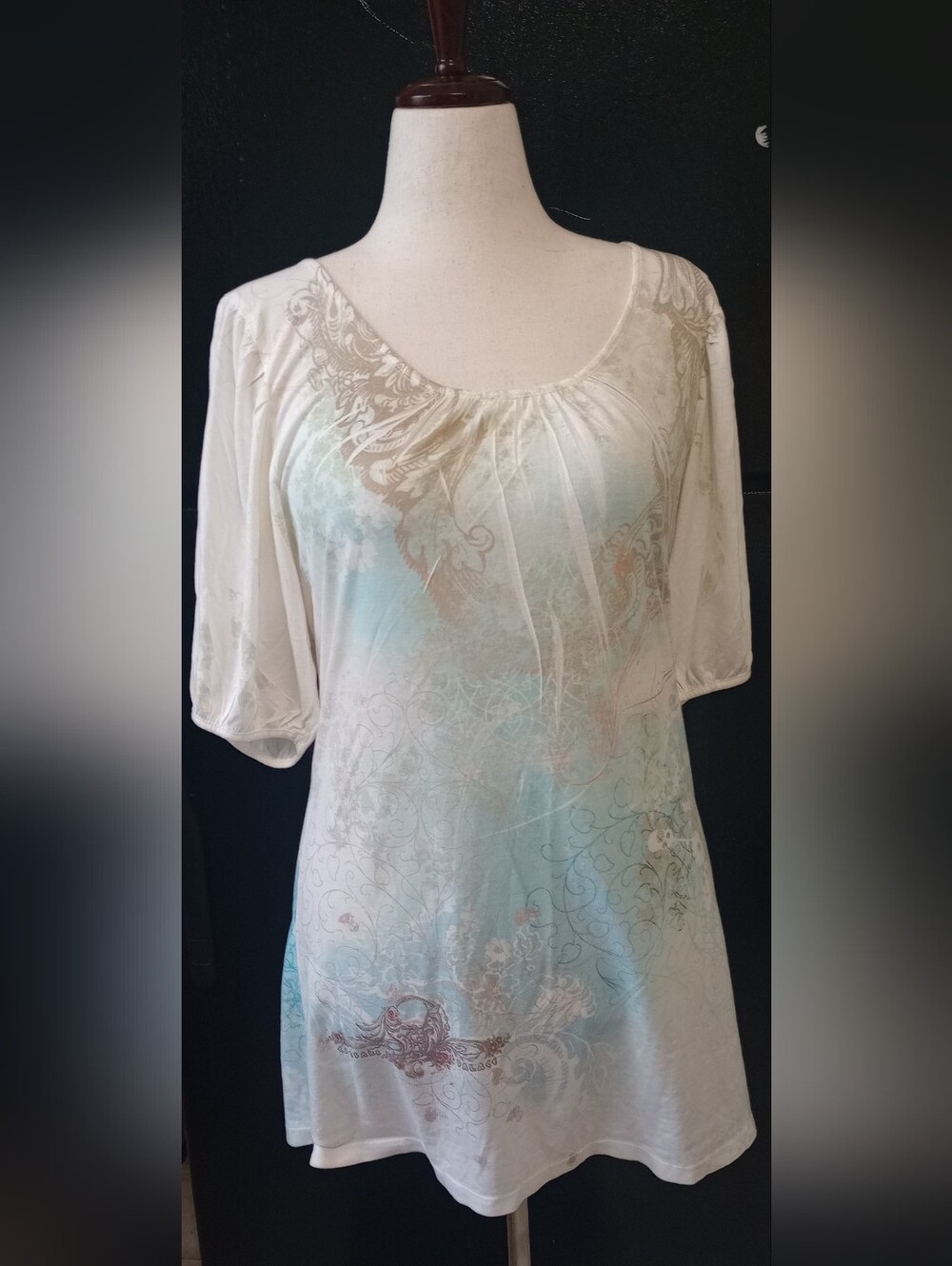 Caesars, Tunic Top/ Mini dress, Light Blue & Cream Scoop Neck Women's
